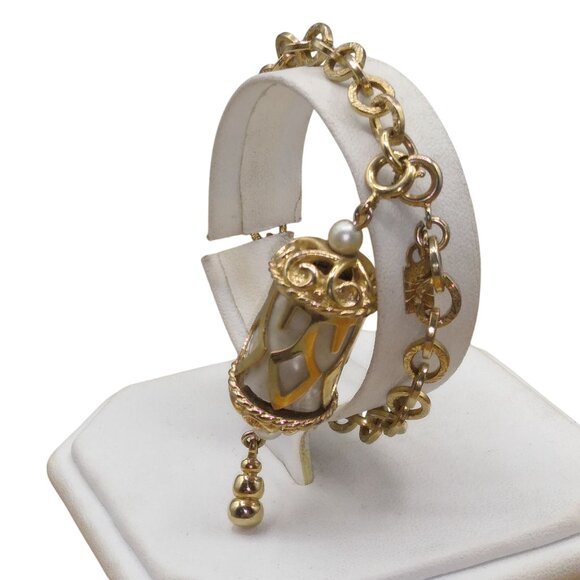 Vintage Emmons Magic Lantern Bracelet, Textured Links Chain with Mother of Pearl - Picture 3 of 6